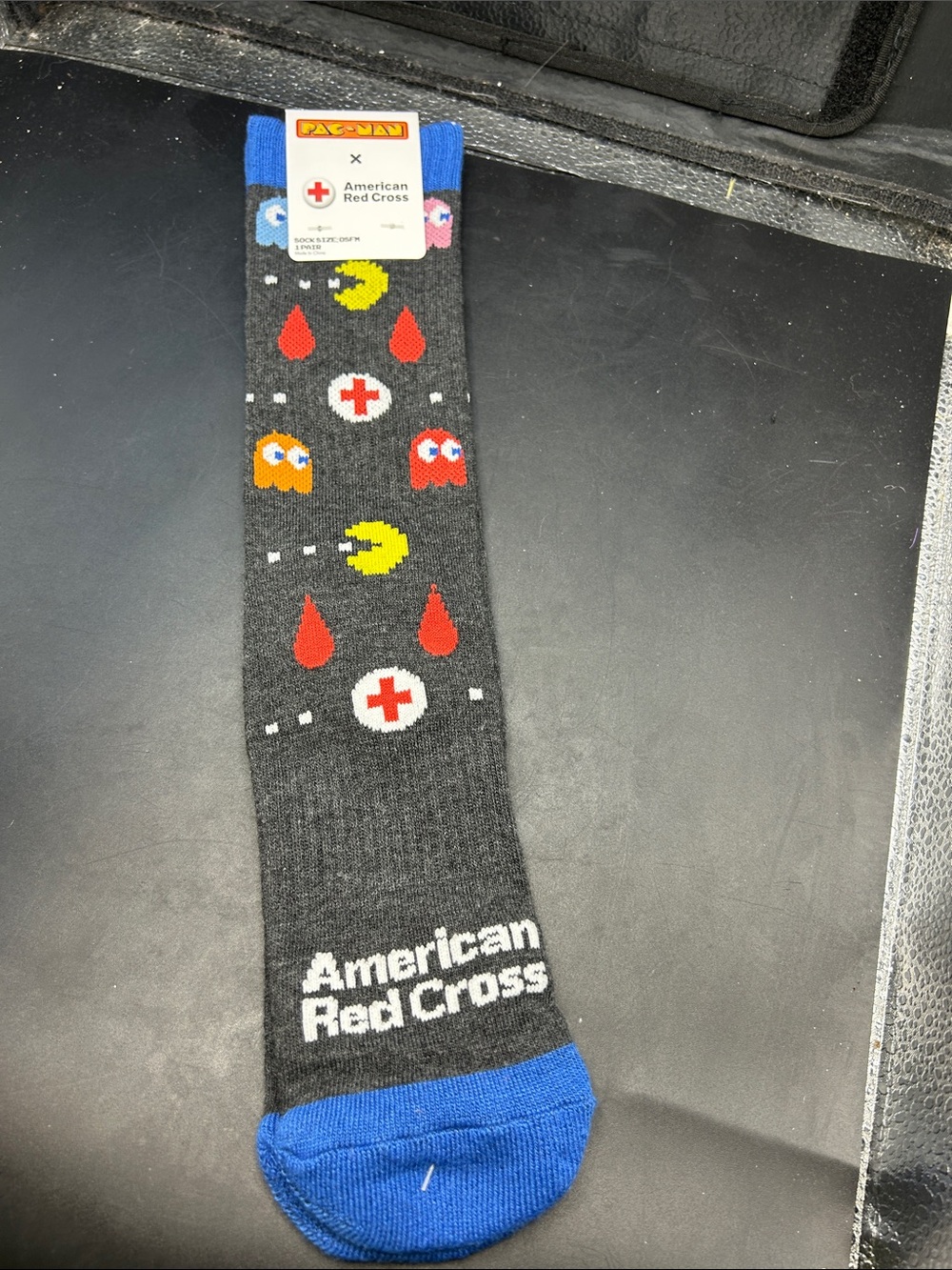 American Red Cross x PAC-MAN Men’s Dark Gray Crew Socks with Blue Accents